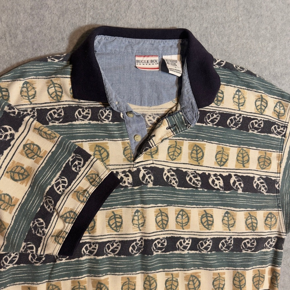 Vintage Bugle Boy Polo Shirt Mens Large Leaf Print Short Sleeve Green Tan 90s